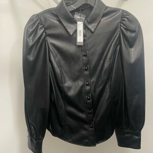 Alice + Olivia Black Button-Up Faux Leather Shirt